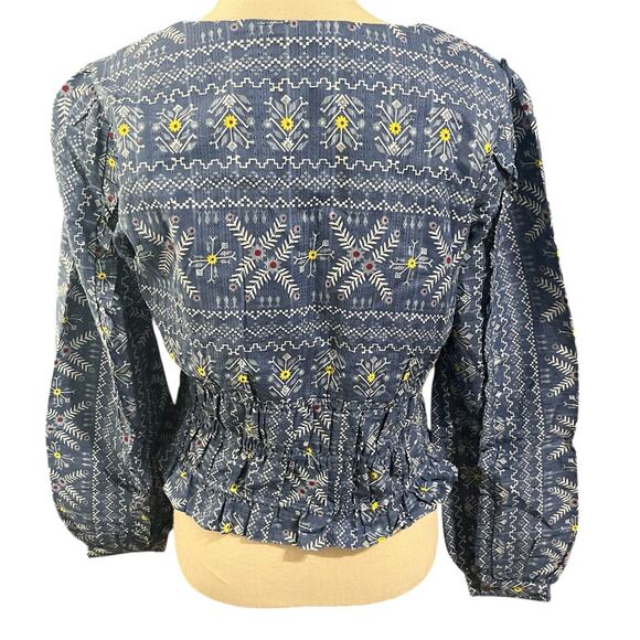Forever That Girl Anthropologie Wmn's Blue Top Sz S Smocked Embroidered Festival - Picture 4 of 6